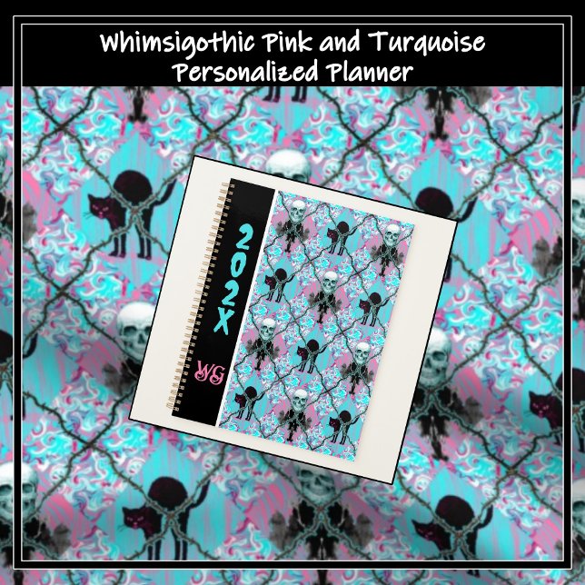 Barbed Wire Argyle Pink and Turquoise Whimsigothic Planner (Whimsigothic black cats, skulls, ink blots, barbed wire on pink and turquoise argyle.)