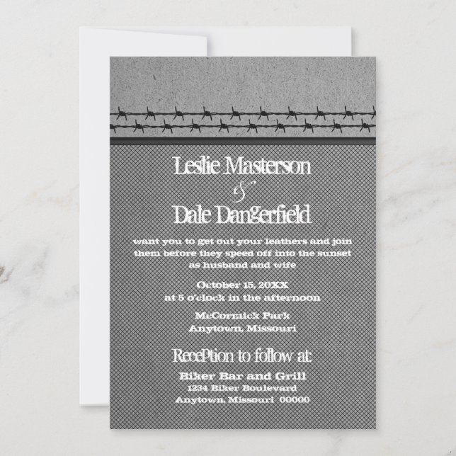 Barbed Wire Fence Biker Wedding Invite, Grey Invitation (Front)