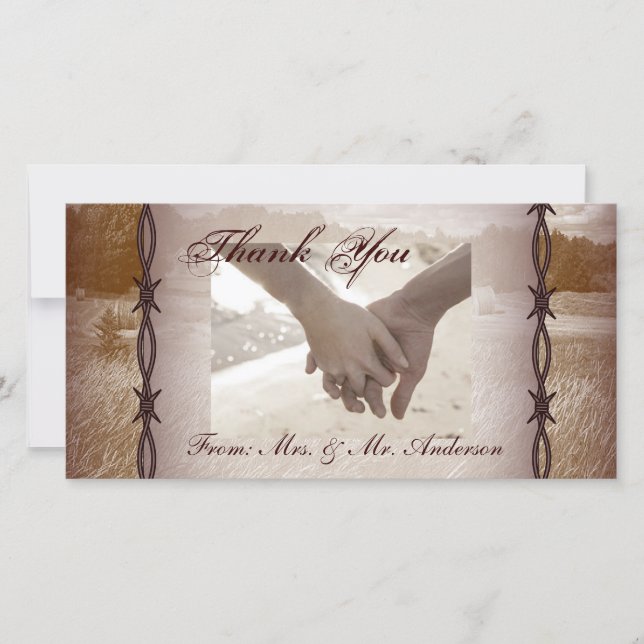 barbed wire western country wedding thank you card (Front)