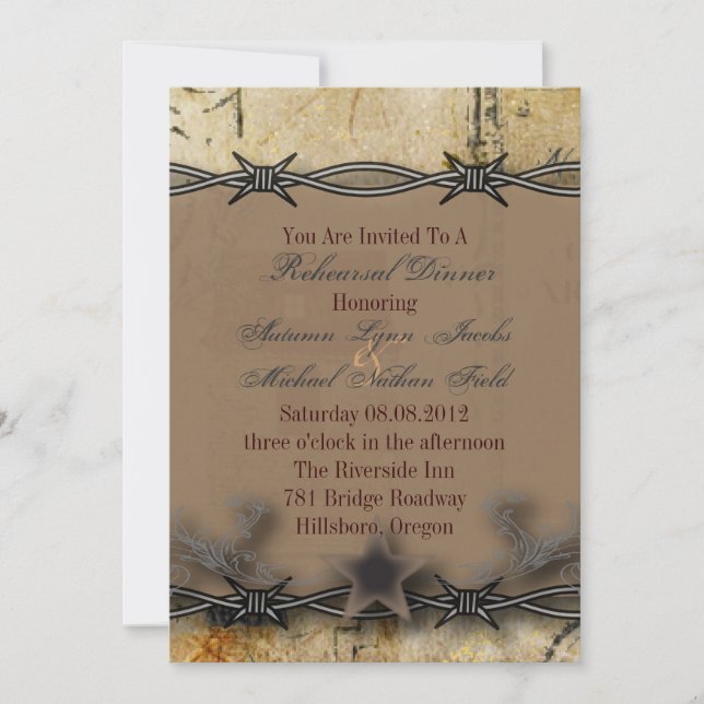 barbed wire western wedding rehearsal dinner invitation (Front)