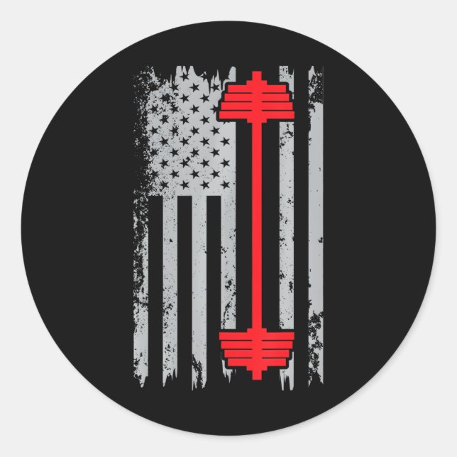 Barbell American Flag Patriotic Weightlifting Classic Round Sticker (Front)