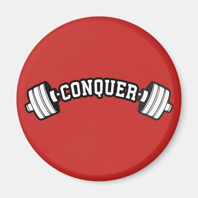 Barbell, CONQUER - Inspirational Weightlifting Gym Magnet (Front)