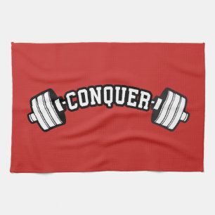 Barbell, CONQUER - Inspirational Weightlifting Gym Tea Towel