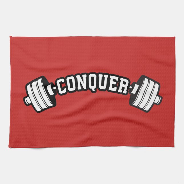 Barbell, CONQUER - Inspirational Weightlifting Gym Tea Towel (Horizontal)