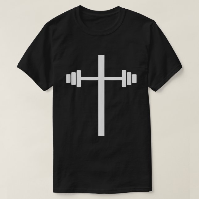 Barbell Dumbbell Cross Christian Jesus Gym Workout T-Shirt (Design Front)