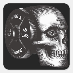 Barbell Plate and Skull - Workout Gym Motivational Square Sticker