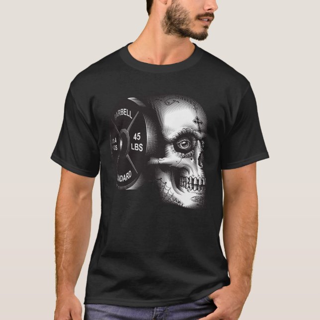 Barbell Plate and Skull - Workout Gym Motivational T-Shirt (Front)