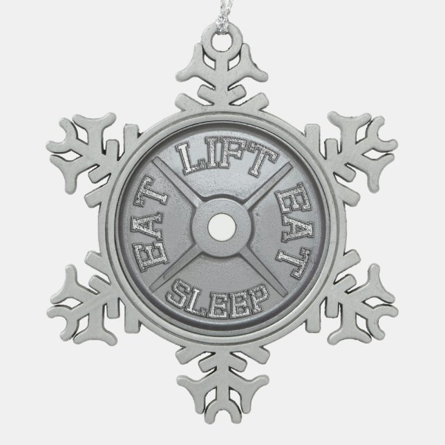 Barbell Plate - Lift, Eat, Sleep Snowflake Pewter Christmas Ornament (Front)