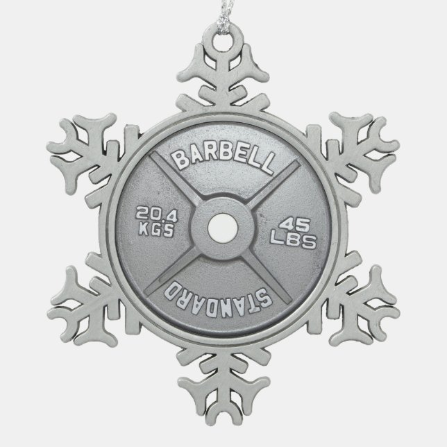 Barbell Plate Snowflake Pewter Christmas Ornament (Front)