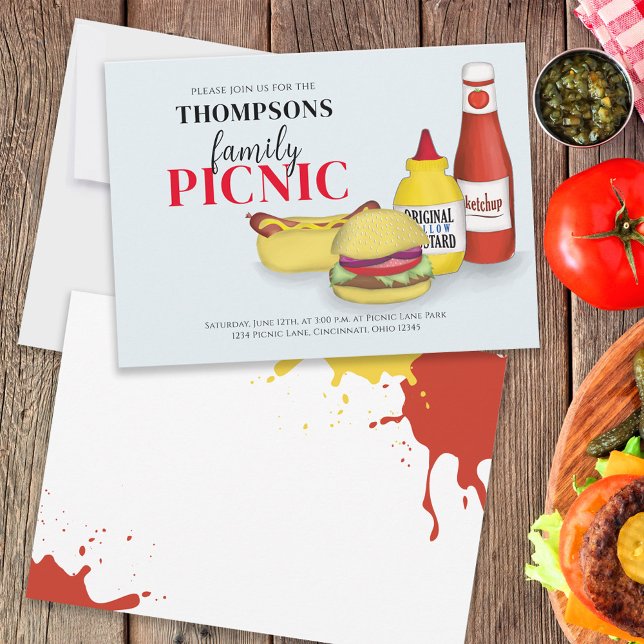 Barbeque Family Reunion Casual Picnic Hamburgers  Invitation (BBQ invitation with Family picnic wording and hand-drawn hamburgers and hotdogs. )