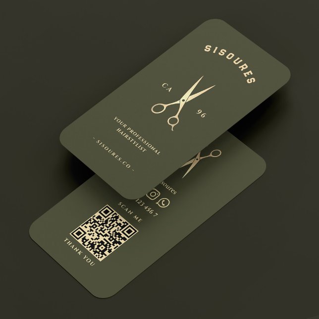 Barber Barbershop Army Green Gold Scissors   Business Card (Barber Barbershop Army Green Gold Scissors Business Card
)