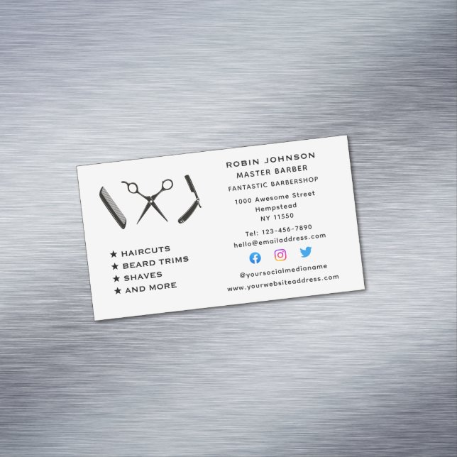 Barber Barbershop Beard Trim Shave Social Media Magnetic Business Card (In Situ)