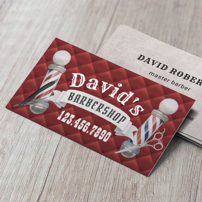 Barber Barbershop Hair Stylist Modern Red Quilted Business Card (Creator Uploaded)