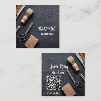 Barber Barbershop Professional QR Grey Square Business Card