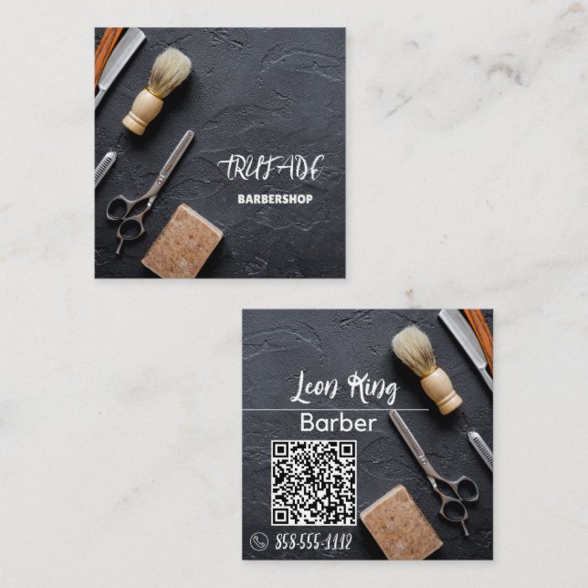 Barber Barbershop Professional QR Grey  Square Business Card (Front/Back)