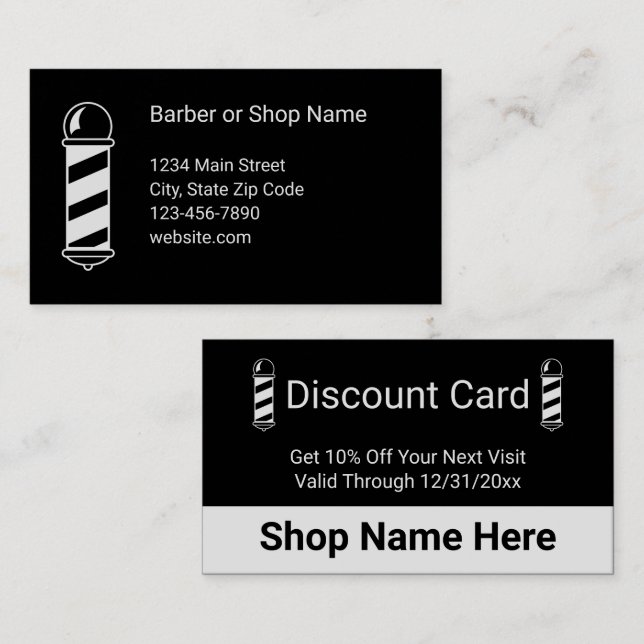 Barber Black and White Barbershop Pole Discount Business Card (Front/Back)