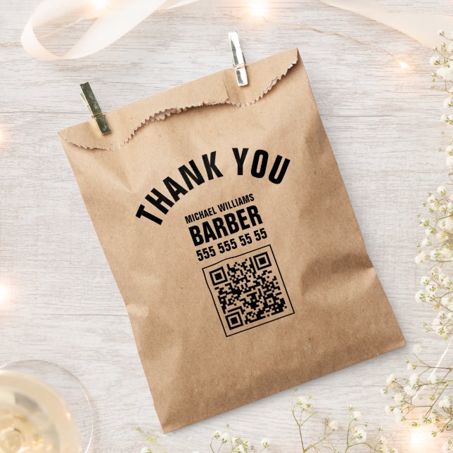 Barber Black Bold Typography QR code Favour Bags (Clipped)