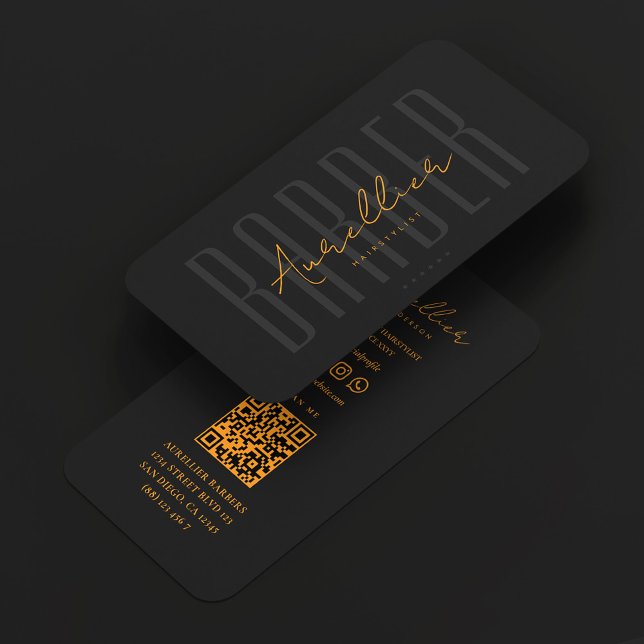 Barber Black Orange Script Barbershop Business Card (Creator Uploaded)