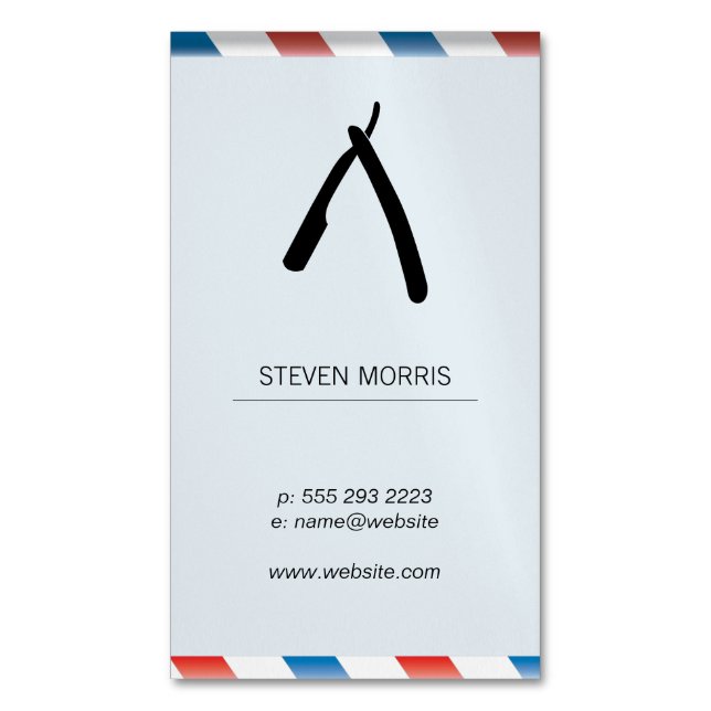 Barber Blade Barber Poles Baby Blue Magnetic Business Card (Front Vertical)