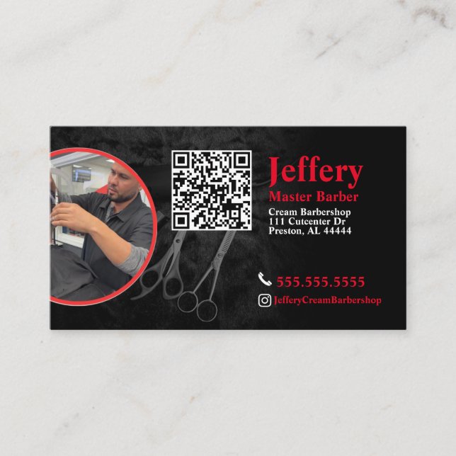 Barber Business Card with QR Code and Left Photo (Front)
