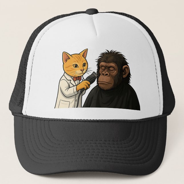 Barber Cat & Chill Gorilla Sticker Trucker Hat (Front)