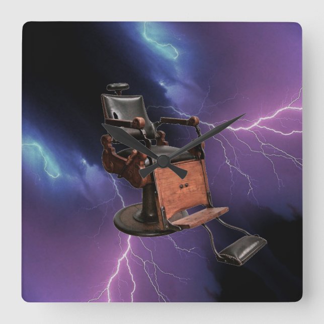 Barber Chair, Riding Lightning Purple Blue, Black Square Wall Clock (Front)