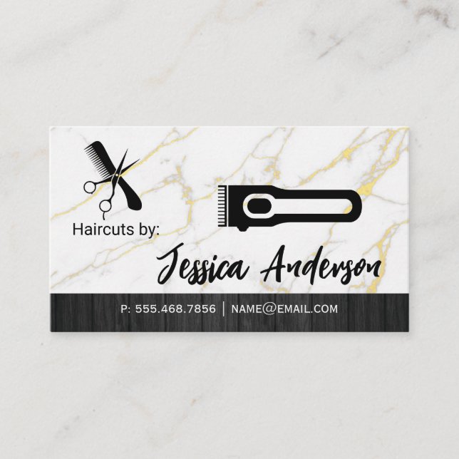 Barber Clippers Scissors | Marble Wood Business Card (Front)