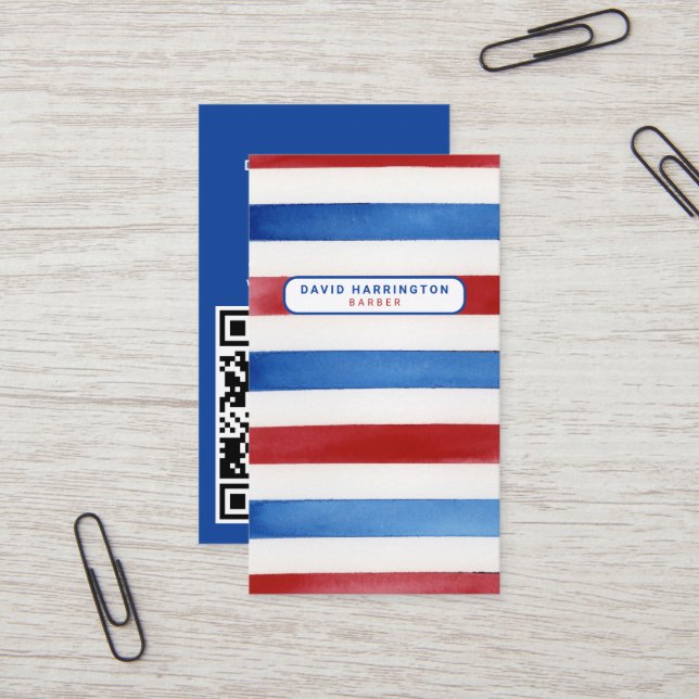 Barber Custom QR Code Scannable Patriotic Colours Business Card (Front/Back In Situ)