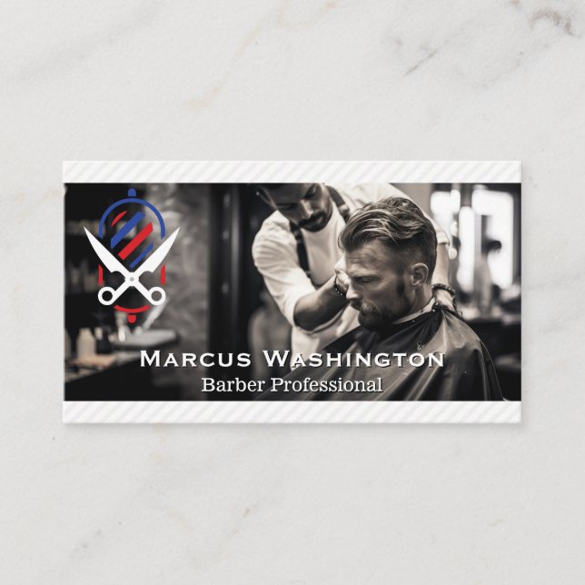 Barber Cutting Hair in Barber Shop Business Card (Front)