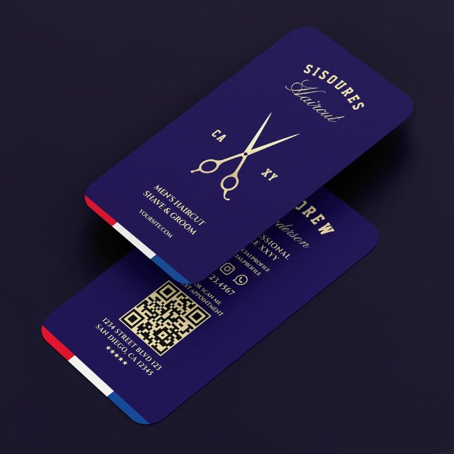 Barber Dark Blue Red White Faux Gold Scissors Business Card (Barber Dark Blue Red White Elegant Gold Scissors Business Card
)