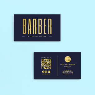 Barber Hair Salon Navy And Gold QR Code & Logo Business Card