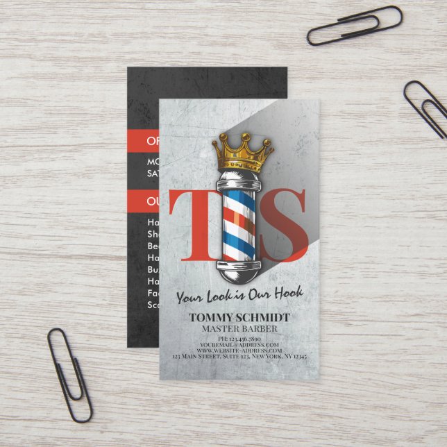 Barber Hair Shop King Crown Barber Pole Hair Salon Business Card (Front/Back In Situ)