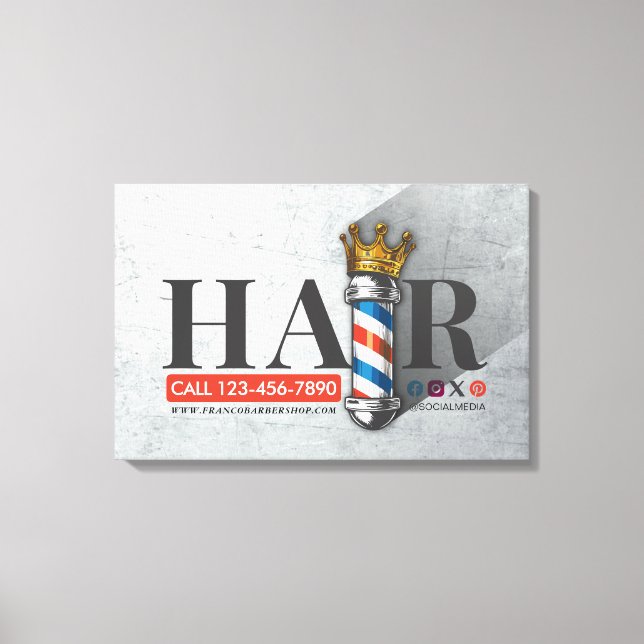 Barber Hair Shop King Crown Barber Pole Hair Salon Canvas Print (Front)