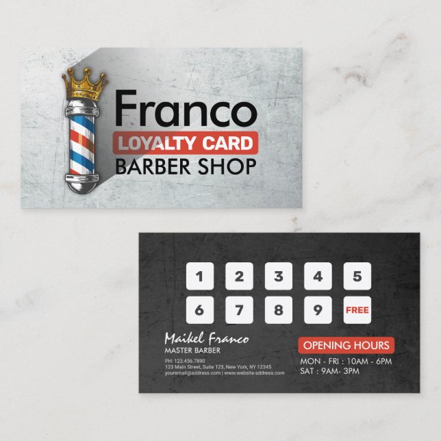 Barber Hair Shop King Crown Barber Pole Hair Salon Loyalty Card (Front/Back)