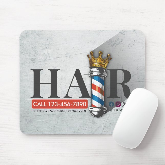 Barber Hair Shop King Crown Barber Pole Hair Salon Mouse Mat (With Mouse)