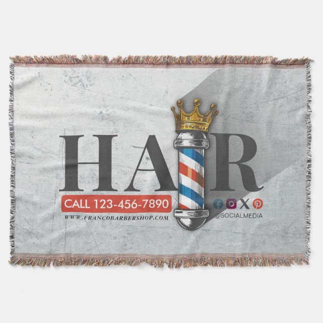 Barber Hair Shop King Crown Barber Pole Hair Salon Throw Blanket (Front)