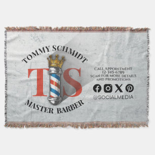 Barber Hair Shop King Crown Barber Pole Hair Salon Throw Blanket
