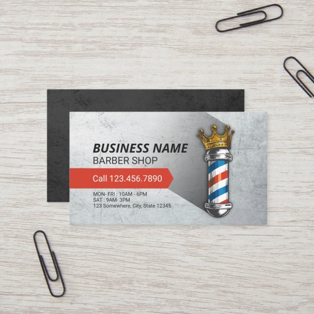 Barber Hair Shop Royal Crown Barber Pole QR Code Business Card (Front/Back In Situ)