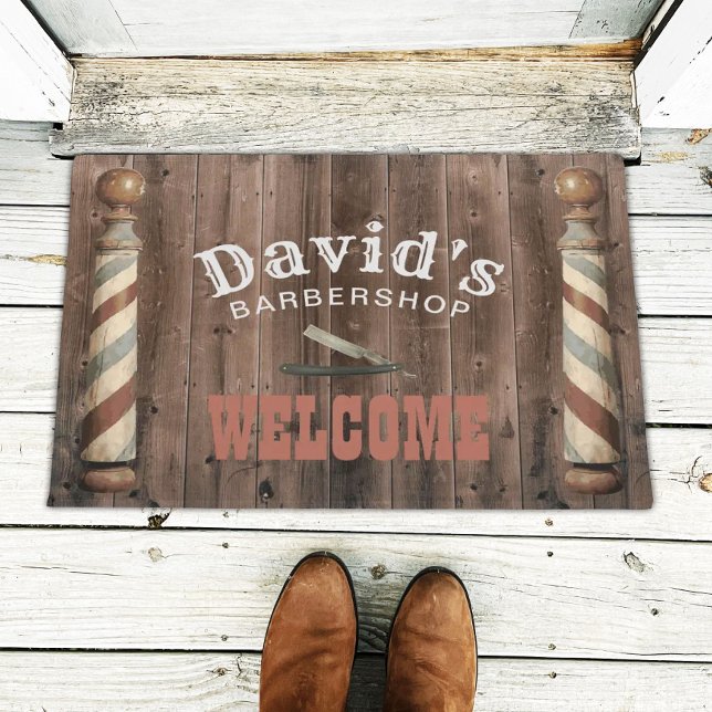 Barber Hair Stylist Barbershop Welcome Rustic Wood Doormat (Creator Uploaded)