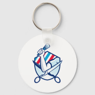 Barber Hand Holding Brush Scissors Shield Retro Key Ring