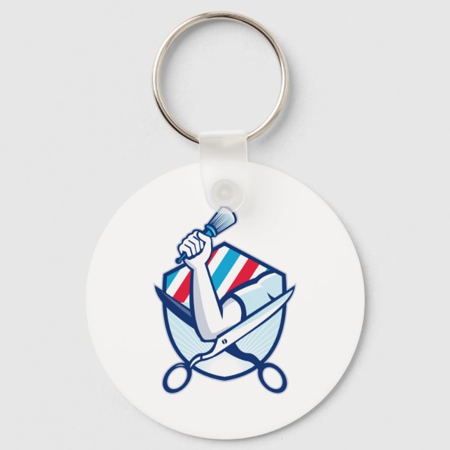 Barber Hand Holding Brush Scissors Shield Retro Key Ring (Front)