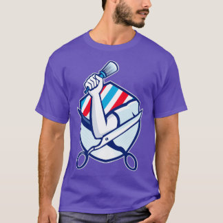 Barber Hand Holding Brush Scissors Shield Retro T-Shirt