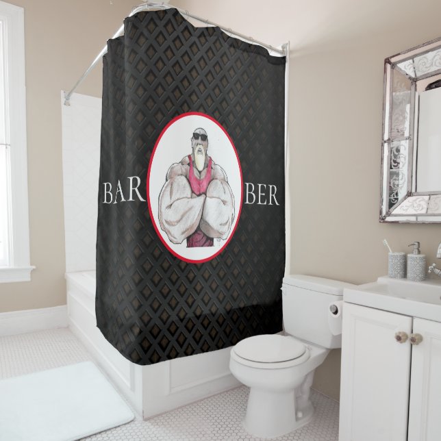 Barber logo shower curtain (In Situ)