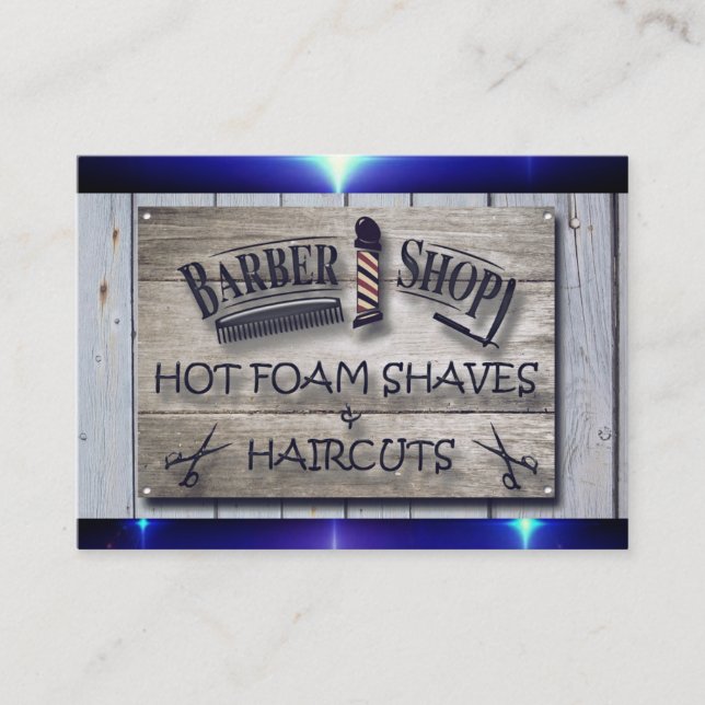 Barber Logo- Sign  Popping Blue Trim Business Card (Front)