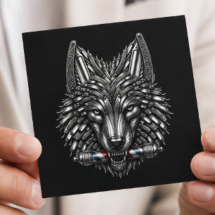Barber Logo Silver Metal Razor Wolf  Barber Shop Square Business Card