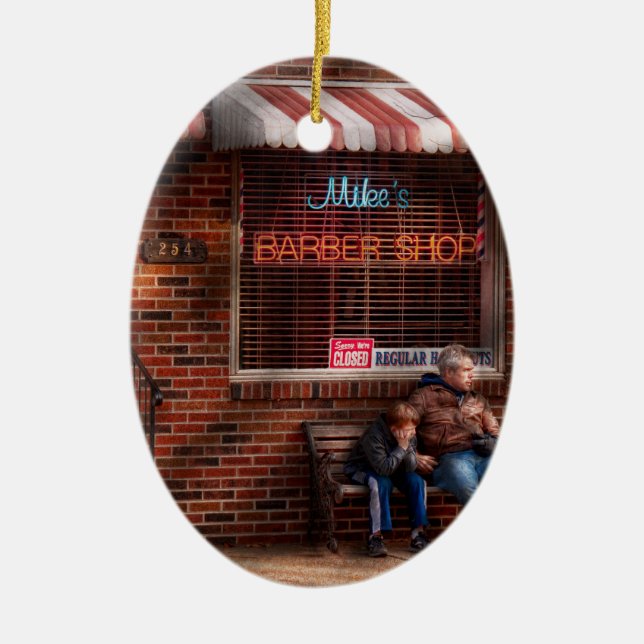 Barber - Metuchen, NJ - Waiting for Mike Ceramic Tree Decoration (Front)