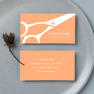 Barber Minimalist Scissor Hair Stylist Peach Business Card