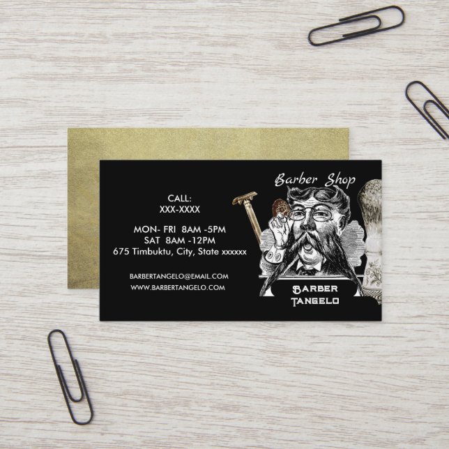 Barber Moustache Gold Black Professional   Business Card (Front/Back In Situ)