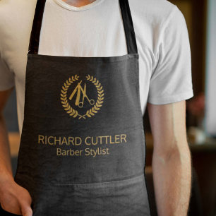 Barber name gold logo barber shop black leather apron