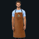 Barber Name Sable Leather Gold Monogram Apron<br><div class="desc">Professional apron features a modern design with brushed metallic gold monogram emblem on sable brown leather look textured background. </div>